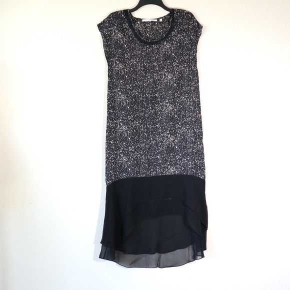 Cap sleeves silk shift dress w/ hi-low chiffon hem - Picture 7 of 12